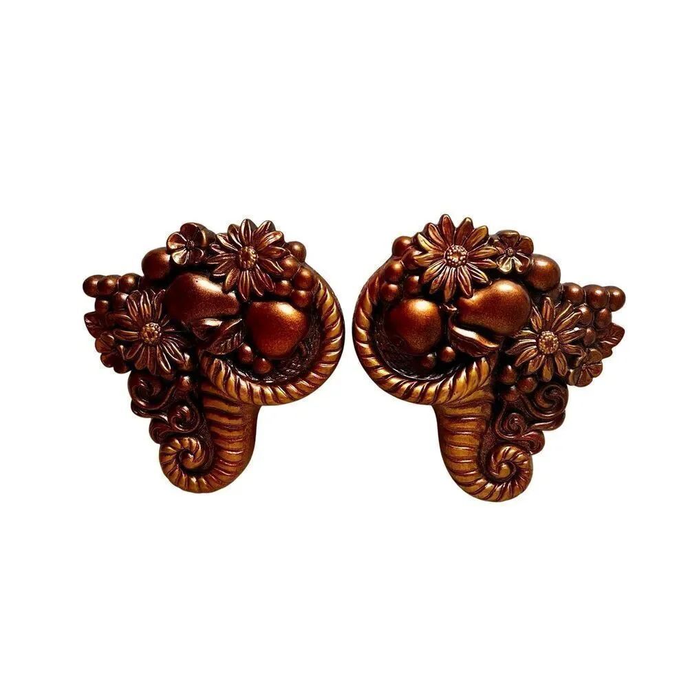 Lot Of 2 Vintage Wall Hanging Fruit Flowers MCM Decor Miller 60s Gold Chalkware